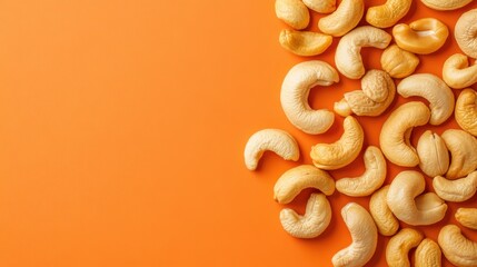 Cashew Nuts on Orange Background, Healthy Snack, Raw Cashews, Tasty Crunchy Nuts, Nutrition and Diet Concept