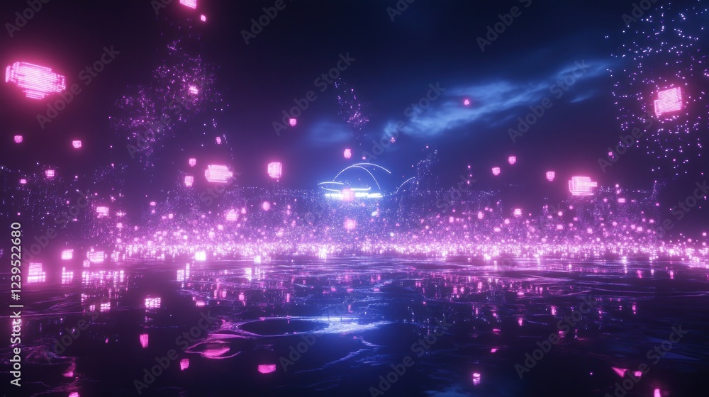 Poster luminous cityscape a futuristic view with glowing digital structures