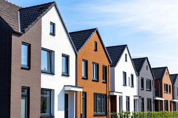 Colorful modern row houses under clear blue sky in a residential neighborhood