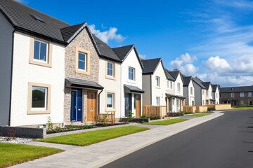 Modern suburban neighborhood with row of identical two-story houses and blue skies