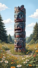 Abstract totem pole with whale and eagle carvings set in a field of wildflowers