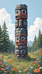 Abstract totem pole with whale and eagle carvings set in a field of wildflowers