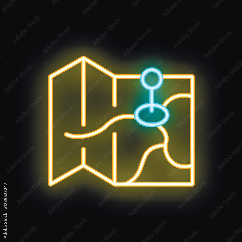 Poster glowing neon line map with a pin point icon isolated on a black background