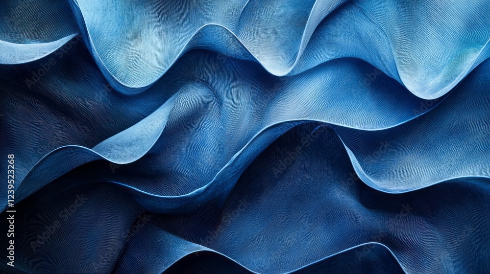 Poster Flowing curves of deep blue intertwine elegantly, creating an atmosphere of serenity and fluidity. The captivating play of light enhances the rich textures and movement in this composition