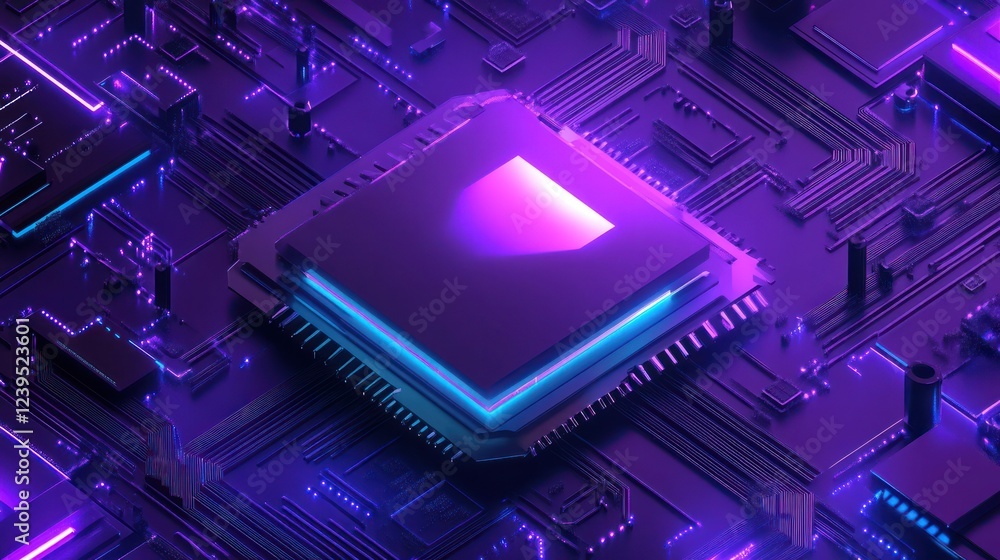 Poster abstract digital processor with intricate circuits and vibrant purple glow technology