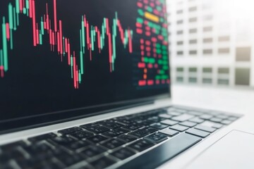 Financial stock market graph on laptop display in modern office setting
