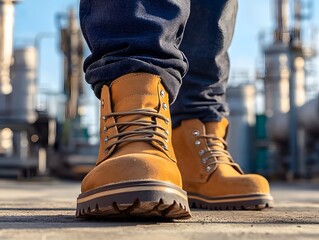 Factory Worker Safety Boots On Site On Sunny Day