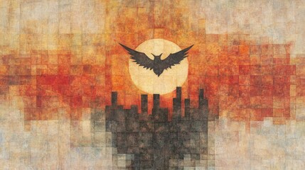 A majestic bat silhouetted against a vibrant sunset, soaring above a city skyline. An abstract, artistic interpretation of urban nature.