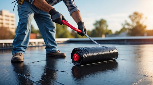 Construction Worker Applying Waterproof Roofing Material with Roller in Bright Outdoor Setting