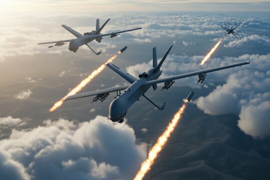 Military drones firing missiles over cloudy landscape in aerial combat scene