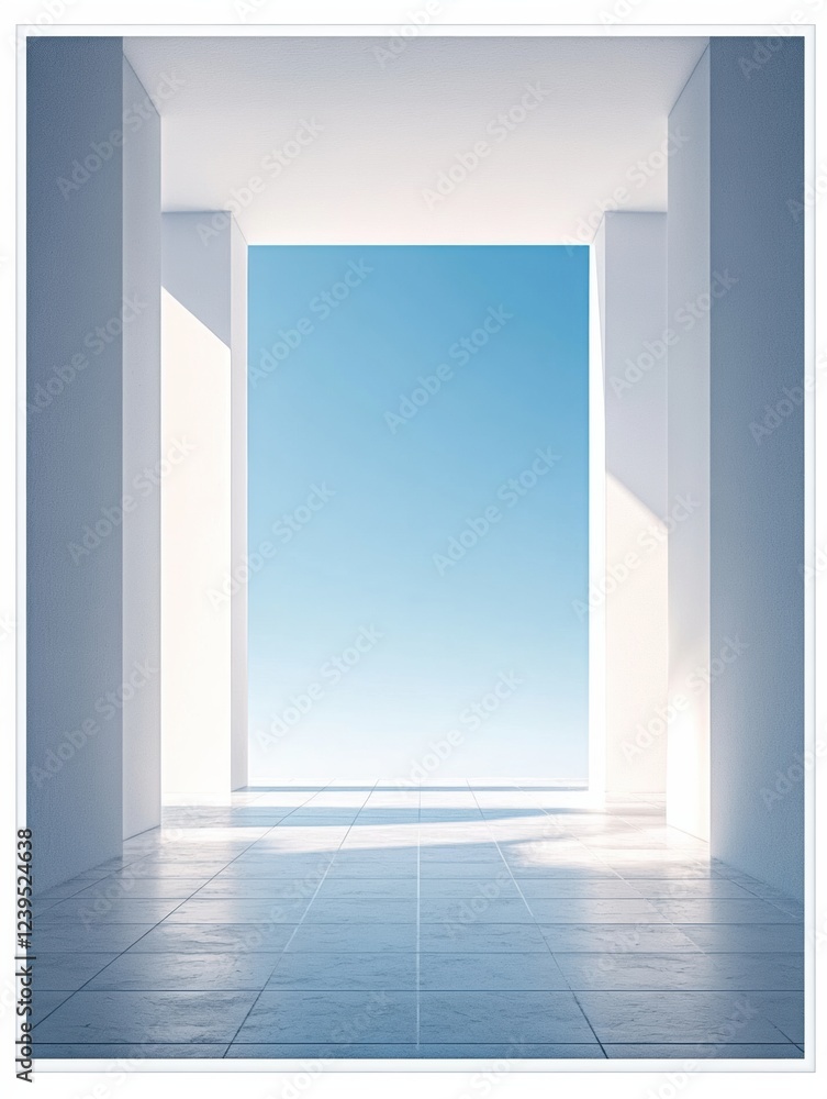 Aufkleber bright interior space with large open doorway leading to clear blue sky in a minimalist design. gene