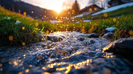Water cascades over smooth stones in small mountain stream as sun sets in background. Patches of snow and new grass frame dynamic flow of water.