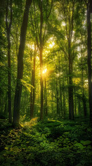 Fototapeta premium Tranquil Dawn in an Enchanted Forest - Capturing Nature's Serene Beauty and Golden Light