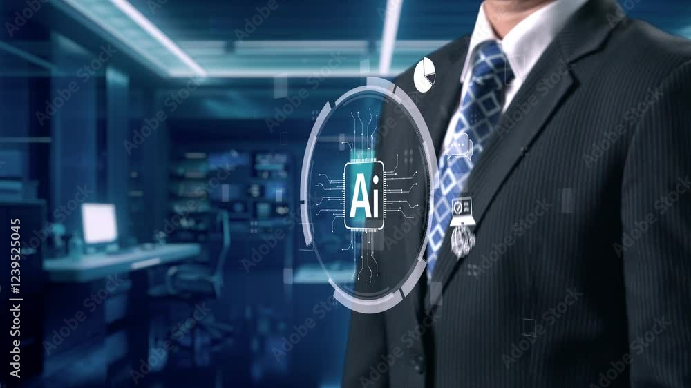 Poster human interact with ai artificial intelligence brain processor in concept of ai artificial intellige