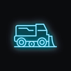 Blue neon icon of a snowplow truck cleaning a road from snow