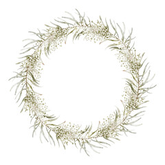 Obraz premium Watercolor Illustration botanical wreath with a Easter eggs. Hand painted forest chaplet with twigs and leaves isolated on white background. Holiday frame for invitations, greeting cards.