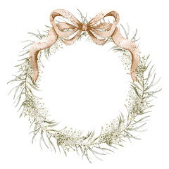Watercolor Illustration botanical wreath with a vintage bow. Hand painted forest chaplet with twigs and leaves isolated on white background. Holiday frame for invitations, greeting cards.