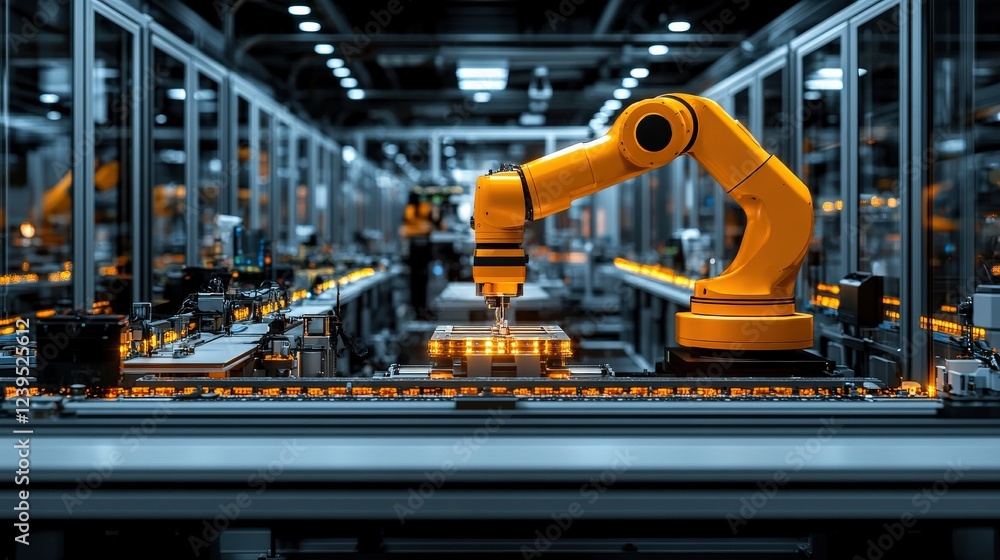Aufkleber robotic arm assembling electronic components in a high-tech factory with illuminated conveyor belts