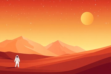 Astronaut exploring mars at dusk with starry sky and mountains