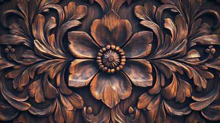 Intricate wooden panel carvings, rich textures and history closeup symmetry in dark wood craftsmanship and tradition. Mythological References. Illustration