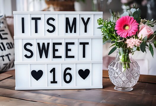 Sweet 16 Marquee Letter Board Sign with Floral Arrangement Card - Powered by Adobe