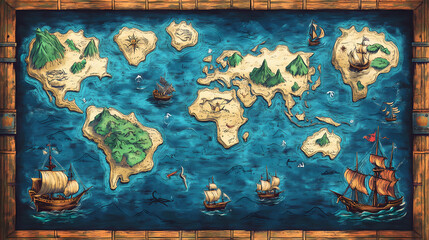 Map atlas concept. an ancient, detailed treasure map showcasing islands and ships in vibrant colors. Mythological References. Illustration