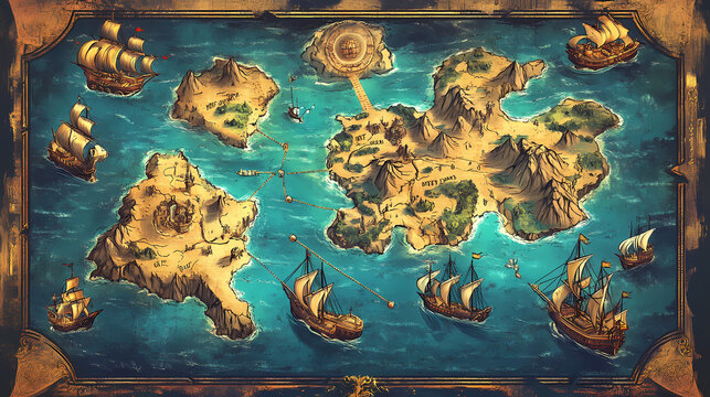 Map atlas concept. an ancient, detailed treasure map showcasing islands and ships in vibrant colors. Mythological References. Illustration