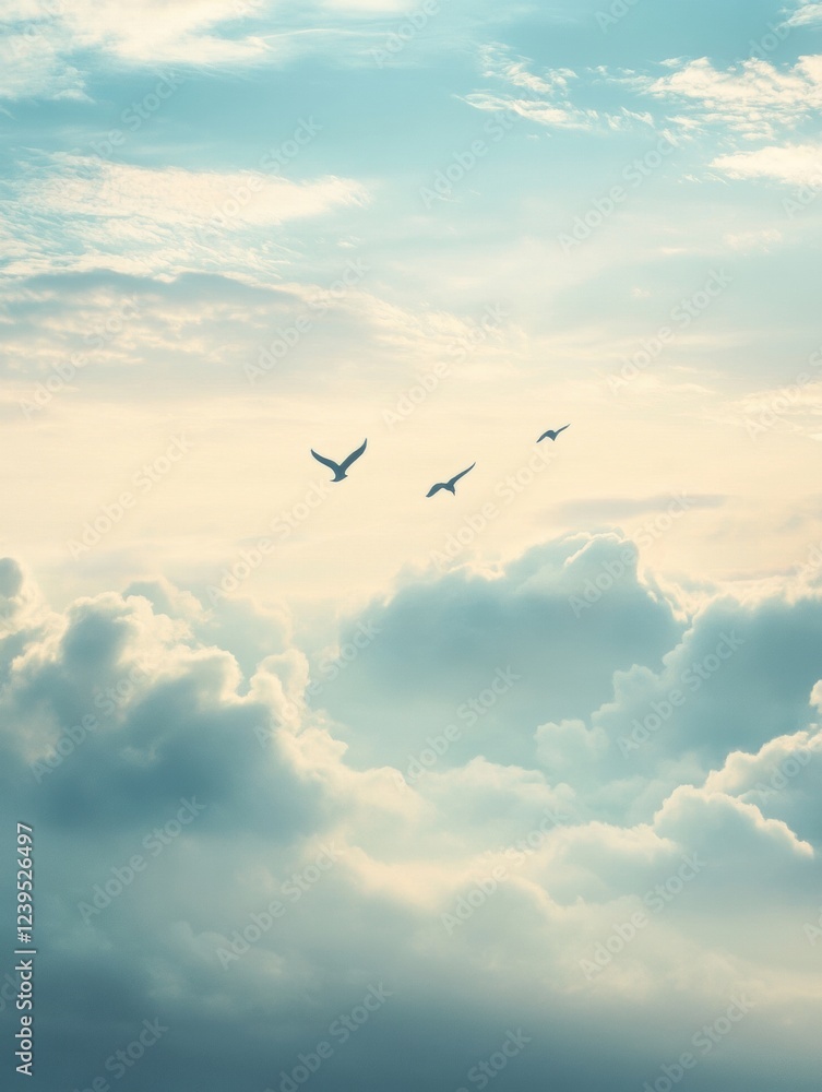 Aufkleber Birds soar through soft clouds in a serene sky during a tranquil afternoon. Generative AI