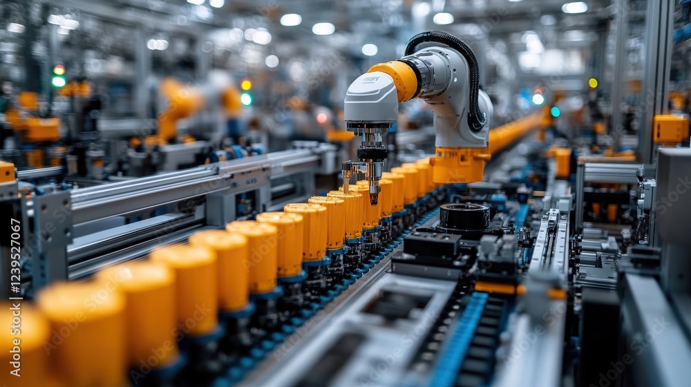 Poster robotic arm assembling orange components on a factory production line, showcasing automation technol