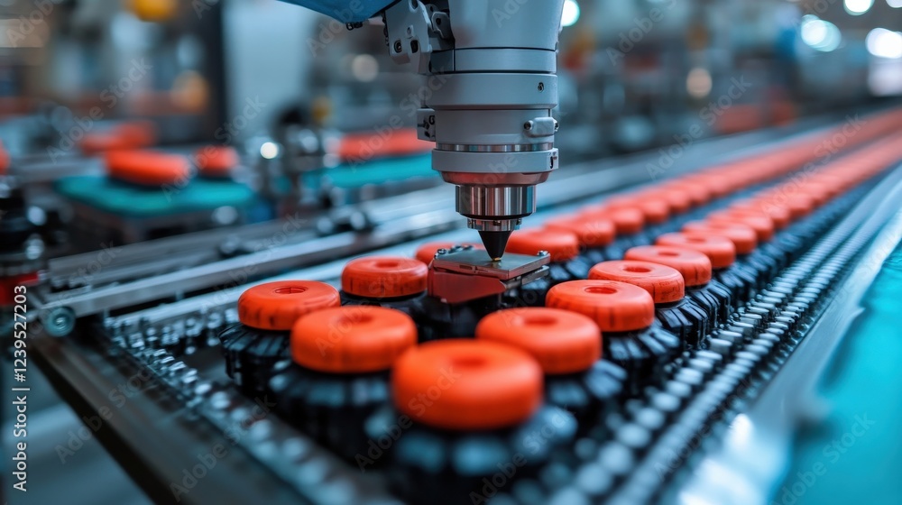 Aufkleber robotic arm assembling orange caps on a production line in a modern factory setting