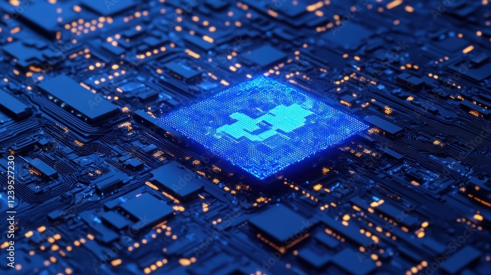 Poster glowing circuit board with a central processor showcasing advanced technological design