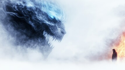 A lone figure stands between a colossal ice beast and a fiery inferno, a stark contrast of elements and forces.