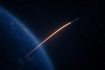 Spacecraft launch scene with rocket leaving earth atmosphere into space
