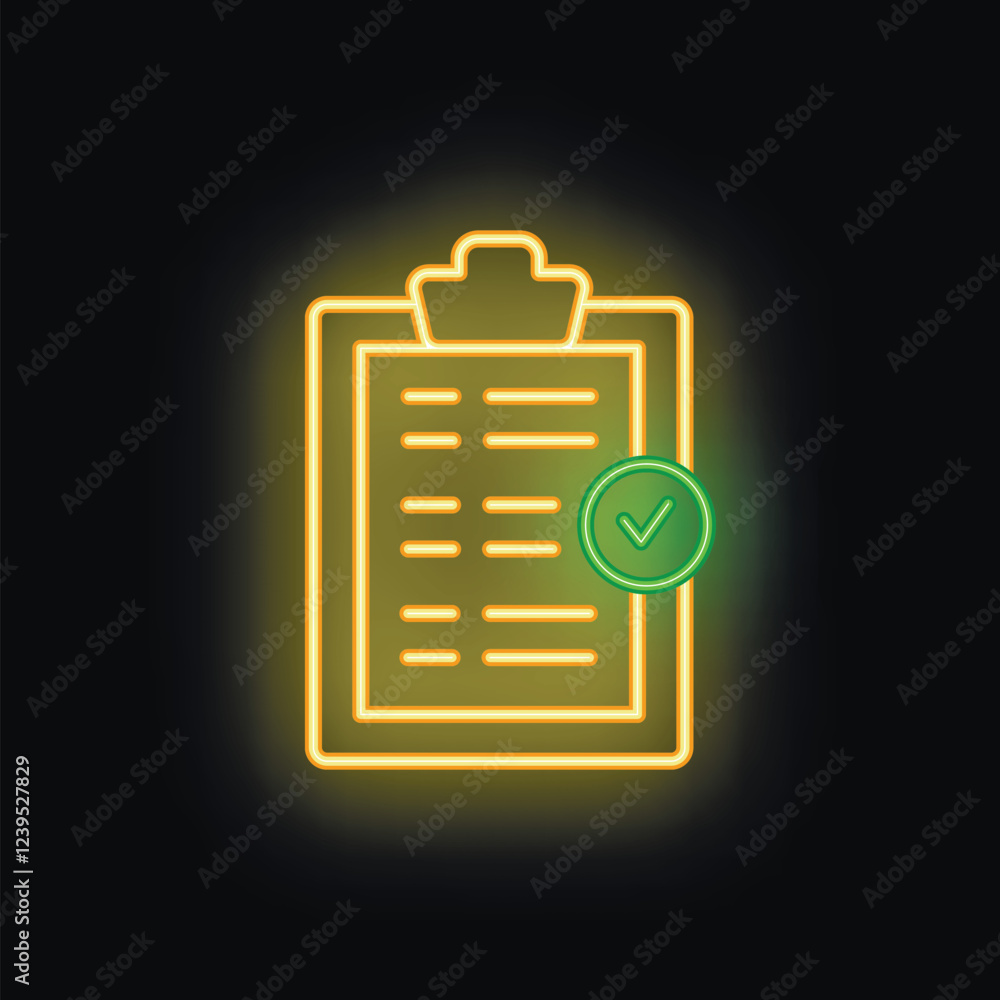 Poster glowing neon icon of a clipboard with a checklist and green check mark, representing a completed tas
