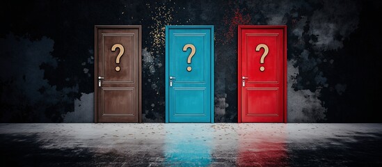 Three closed doors with question marks in abstract background symbolizing choices and uncertainty. 