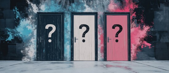 Three closed doors with question marks in abstract background symbolizing choices and uncertainty. 