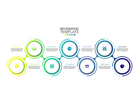Infographic template. The concept of a 7-step process for strategic growth with circles or options and marketing icons.