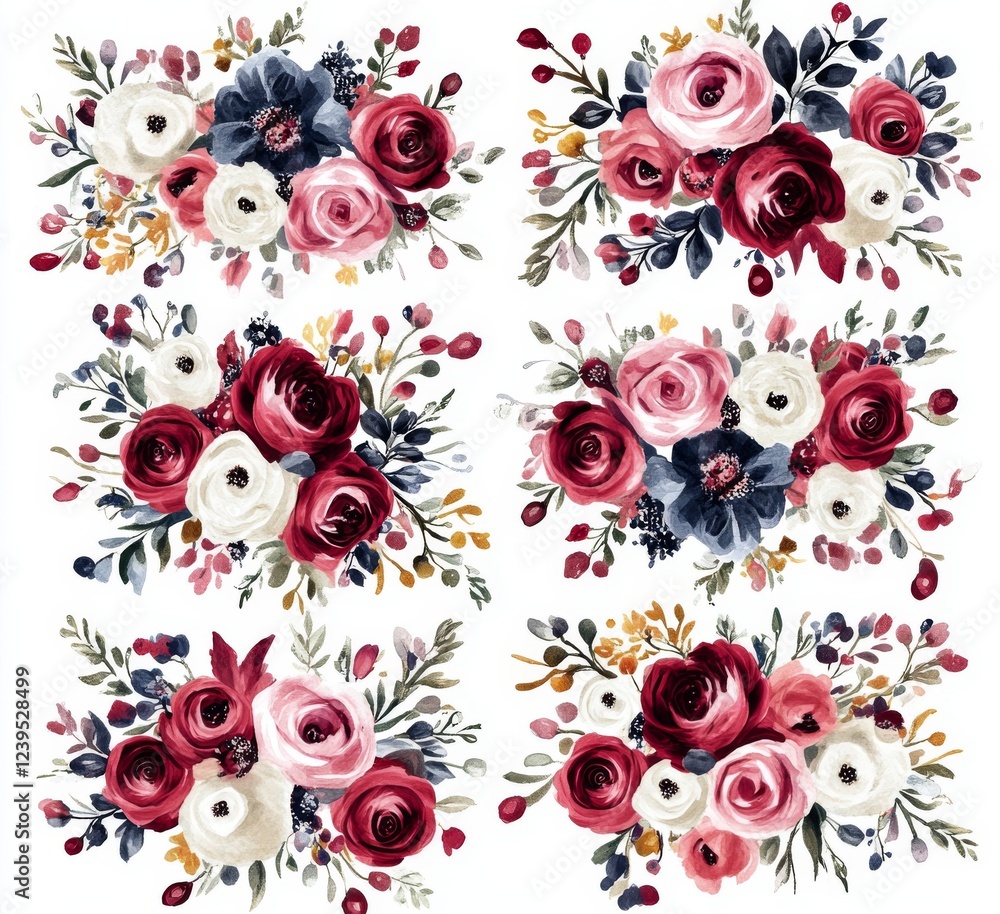 Wall mural A set of modern floral designs with roses and leaves, great for use in compositions, greeting cards, or wedding invitations