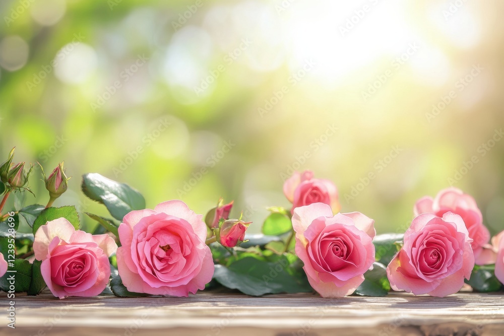 Leinwandbilder beautiful pink roses arranged on a wooden surface with soft sunlight in the background creating a se