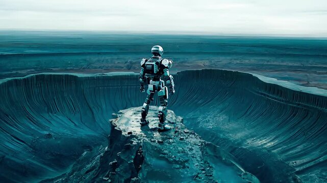 Futuristic Robot Exploring Vast Alien Landscape with Crater. Concept of Artificial Intelligence, Space Exploration, Sci-fi Adventures, Technological Innovation