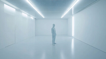 Fototapeta premium a single figure stands in a futuristic white room with glowing strip lighting creating a sleek minimalist and surreal atmosphere 