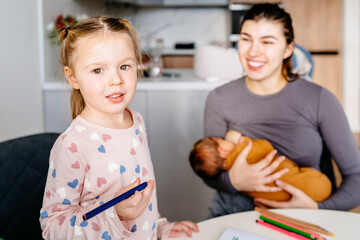 Portrait of cute toddler girl holding pencell and drawing at kitchen, her adorable smiling mother with little brother on arms next to her on blurred background.