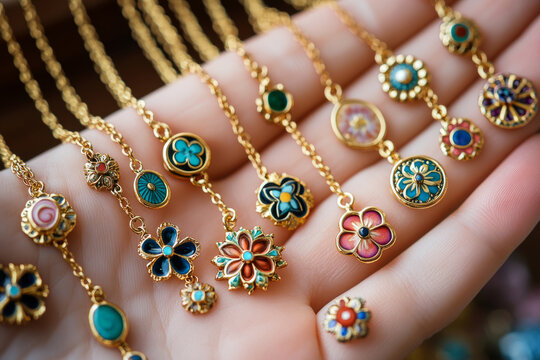 Gold charm necklaces with floral enamel pendants on hand