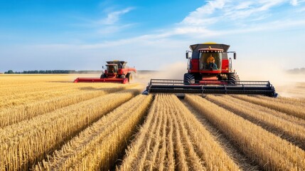 Obraz premium Combine harvesters working together in golden wheat fields under a clear blue sky during a sunny day