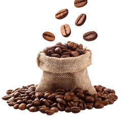 Coffee beans falling from the sky are piled up in bags on the floor.