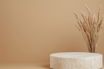 Beige minimalist background with marble pedestal and dried wheat stems