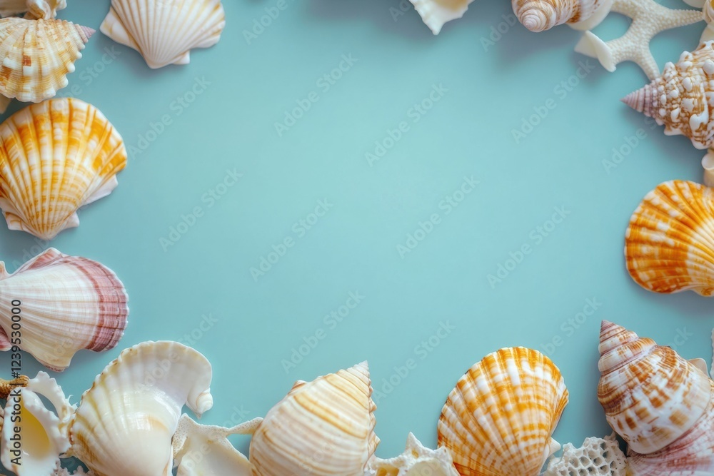Leinwandbilder colorful seashells arranged in a circular pattern on a light blue surface with a calm aesthetic for 