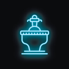 Blue neon sign of a classic fountain glowing on black background