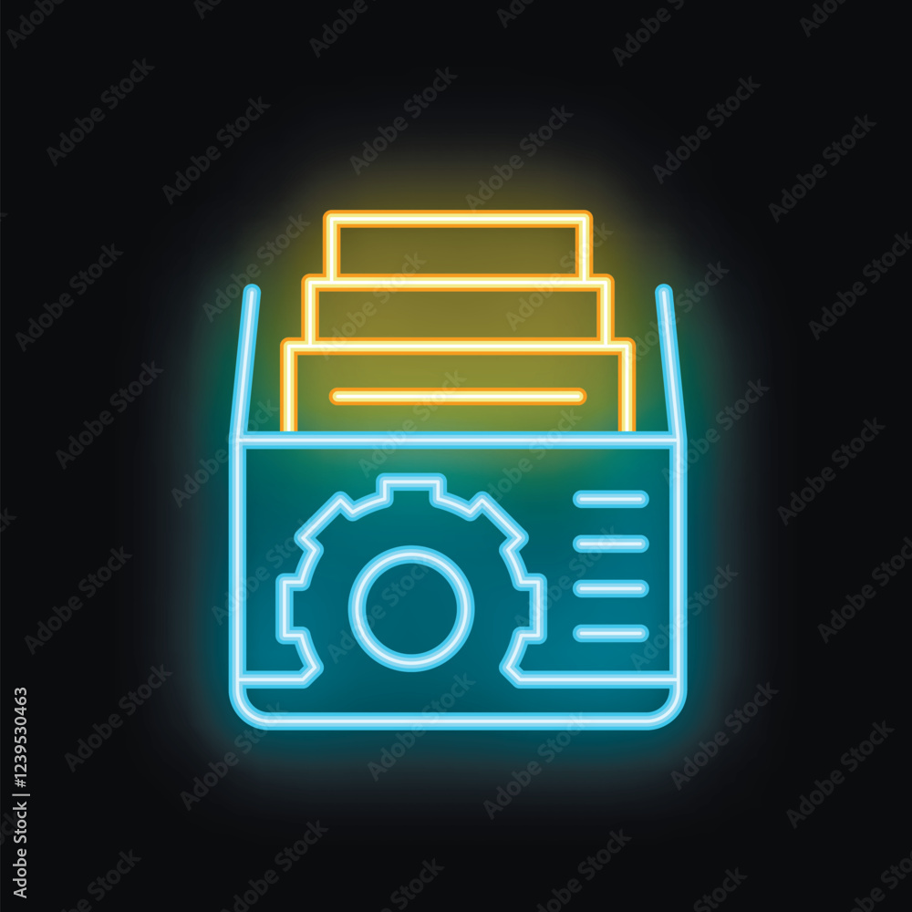Poster vibrant neon icon depicting a data processing system, featuring stacked files and a prominent gear s