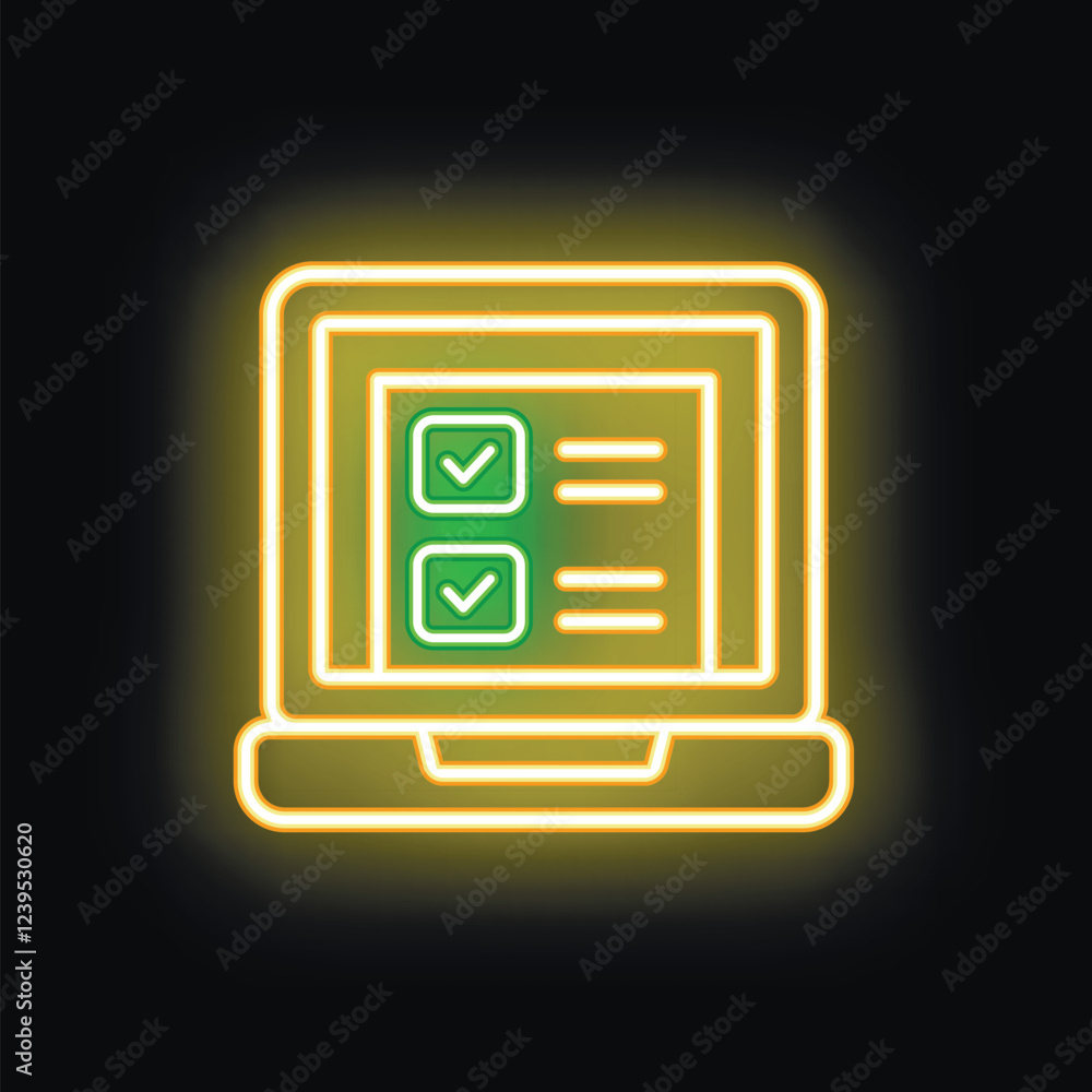 Poster neon laptop showing online survey with checkboxes for voting on dark background